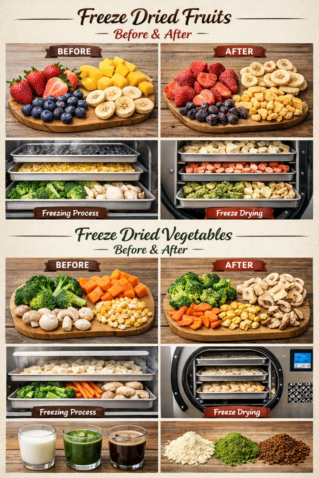 Before and after freeze drying โ perbandingan visual buah segar vs freeze dried